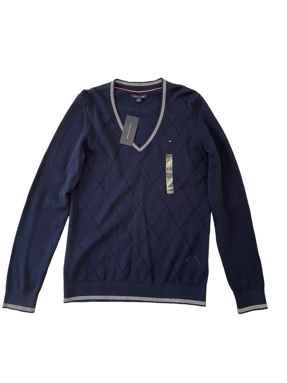 Tommy Hilfiger delicate sweater knit navy blue white 100% cotton V neckline smal